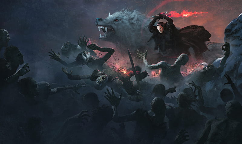 Jon Snow With Wolf Attacking White Walkers Artwork, game-of-thrones, tv-shows, artwork, wolf, artist, digital-art, HD wallpaper