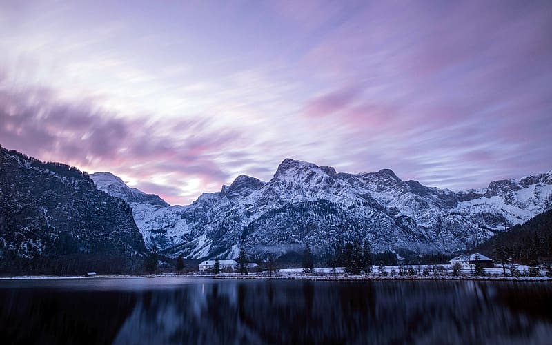 Lake Snowy Mountains Morning Almsee Austria, HD wallpaper