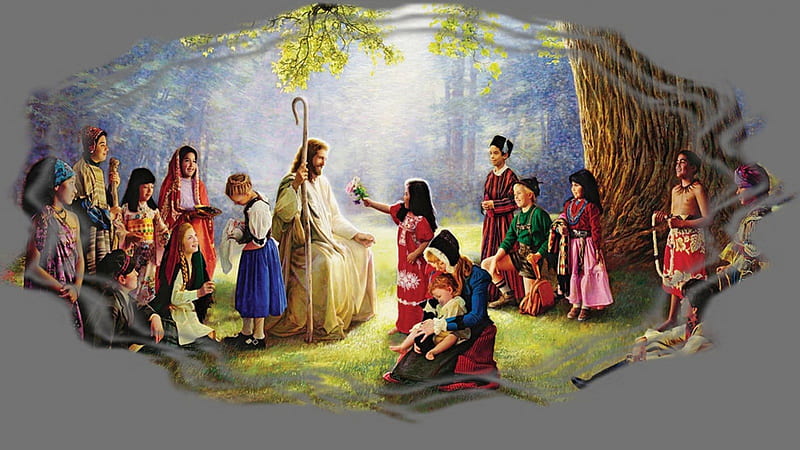 Jesus and the Children, chilren, trees, outdoors, Jesus, HD wallpaper