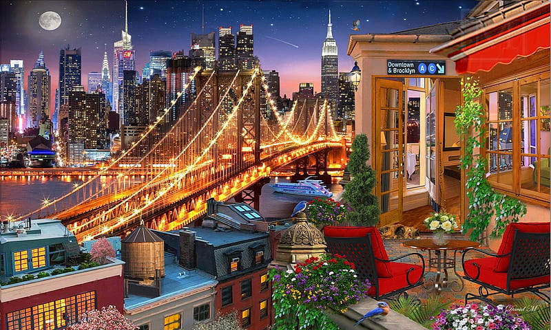 Brooklyn Bridge New York, New York, city, Brooklin bridge, buildings, Bridges, digital, vibrant, HD wallpaper