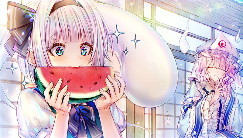 saigyouji yuyuko, konpaku youmu, watermelon, summer, touhou, Anime, HD wallpaper