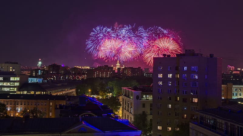 Night, City, Fireworks, , Moscow, HD wallpaper