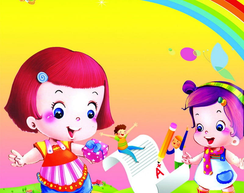 Cute kids, cartoons, bright colors, happy, kids, play, HD wallpaper