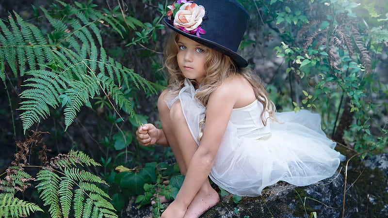 Cute Little Girl Is Wearing White Frock Sitting On Rock Wearing Blue Hat Cute, HD wallpaper