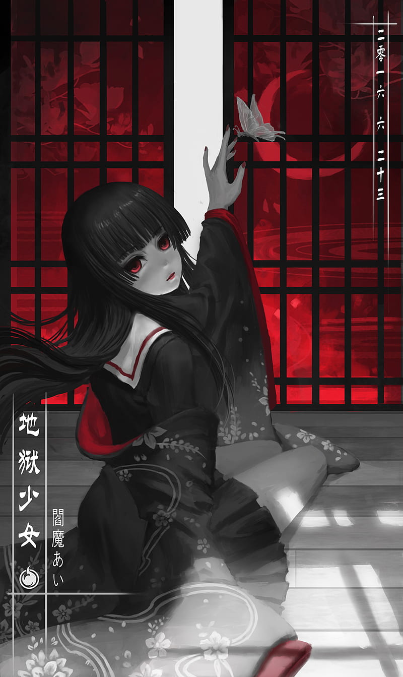 Jigoku Shoujo, anime girls, Enma Ai, anime, red eyes, dark hair, long hair,  Pixiv, HD phone wallpaper | Peakpx