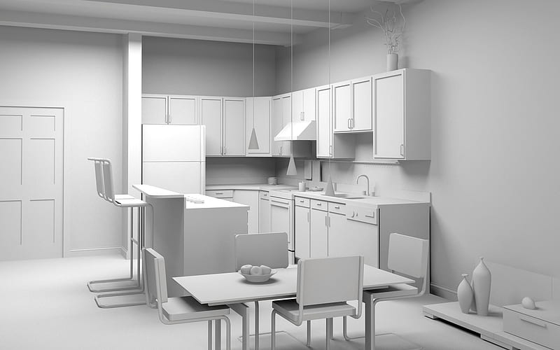 white 3d kitchen project, 3d white kitchen furniture, kitchen concepts, 3d kitchen model, HD wallpaper