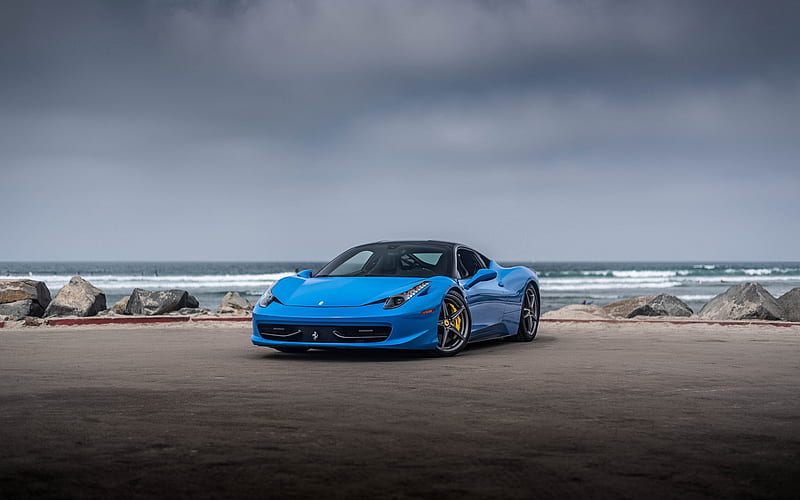 Ferrari 458 Italia, blue sports coupe, supercar, blue 458 Italia, black wheels, Italian sports cars, Ferrari, HD wallpaper
