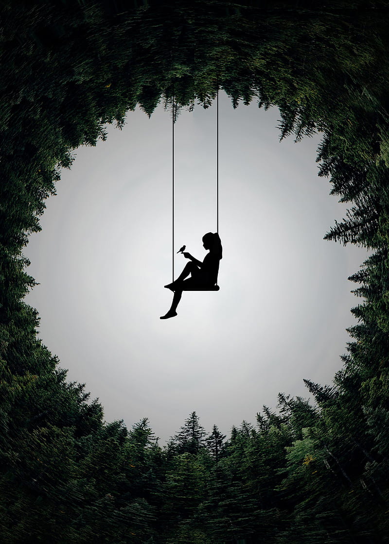 Swing, Ozart, bird, forest, girl, rope, round, silhouette, tree, woman, HD phone wallpaper