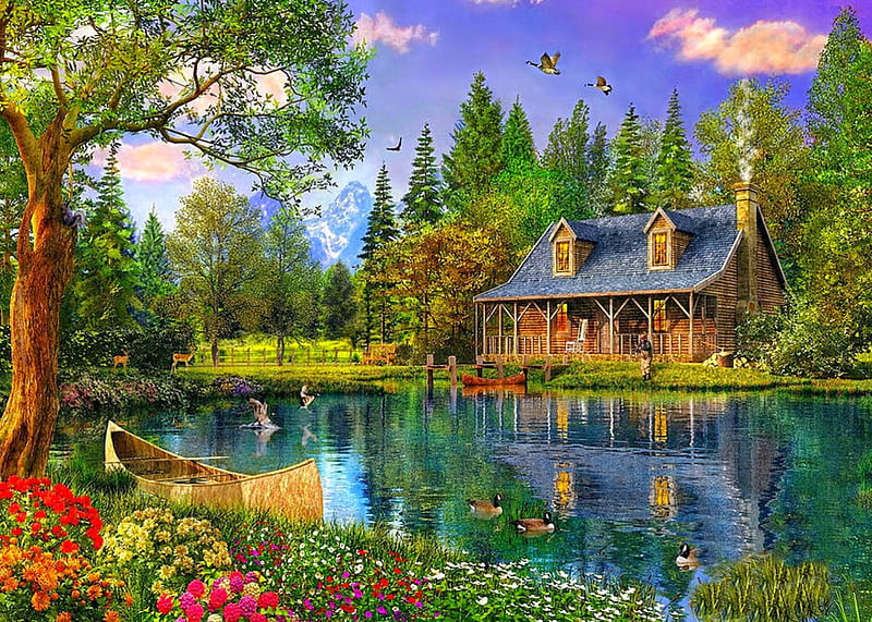 Spring Cottage, forest, lovely, cottage, bonito, spring, digital art, trees, lake, boat, water, bird, flowers, deers, HD wallpaper
