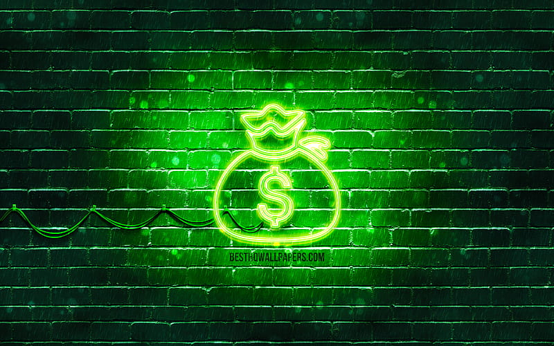 Money Bag neon icon green background, neon symbols, Money Bag, neon icons, Money Bag sign, financial signs, Money Bag icon, financial icons, HD wallpaper