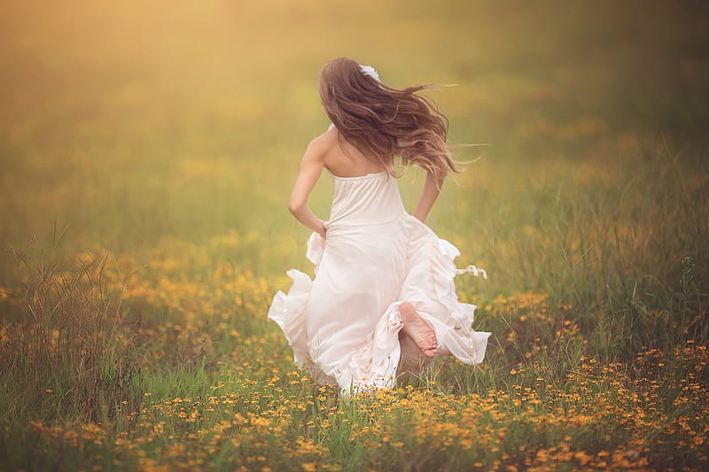 Little girl, pretty, grass, sunset, adorable, run, sightly, sweet, nice ...