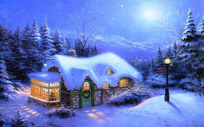 Christmas house, notte, natale, pittura, casa, HD wallpaper | Peakpx