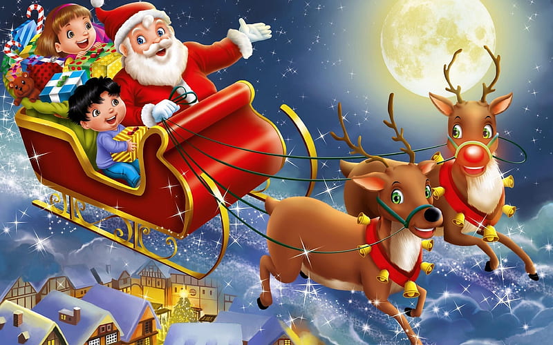 Santa Claus rides with children, Christmas, Sleigh, Reindeer, Children, HD wallpaper