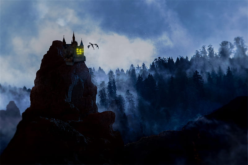 rock, castle, dragon, fog, forest, HD wallpaper