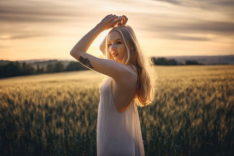 White Dress Charming Girl In Sun Drenched Fields, white-dress, girls, model, HD wallpaper