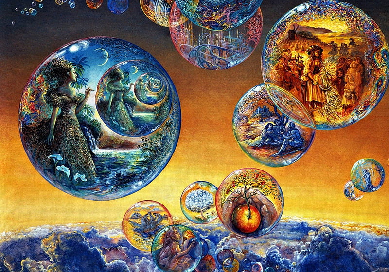 Bubbles of time, art, orange, josephine wall, fantasy, girl, painting, pictura, blue, HD wallpaper