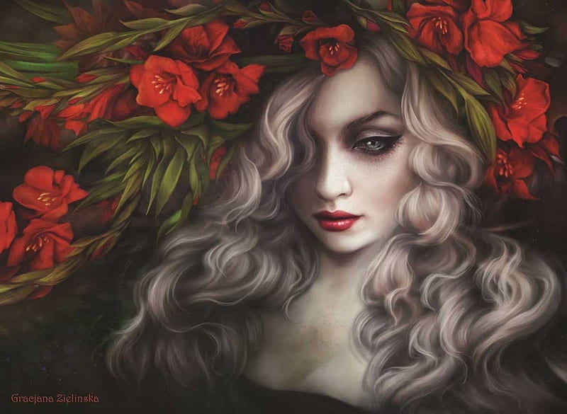 Gothic, red, mysteries, woman, dark, flowers, HD wallpaper