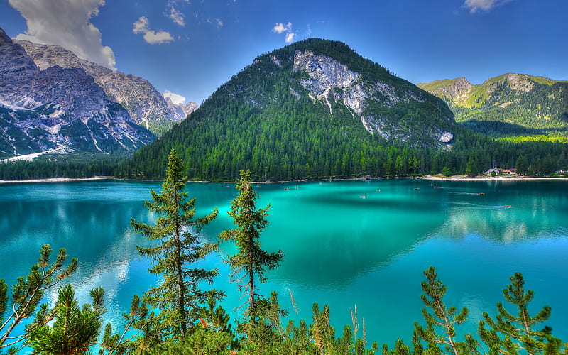 mountain lake, mountain landscape, summer, emerald lake, Alps, Dolomites, Trentino, Italy, HD wallpaper