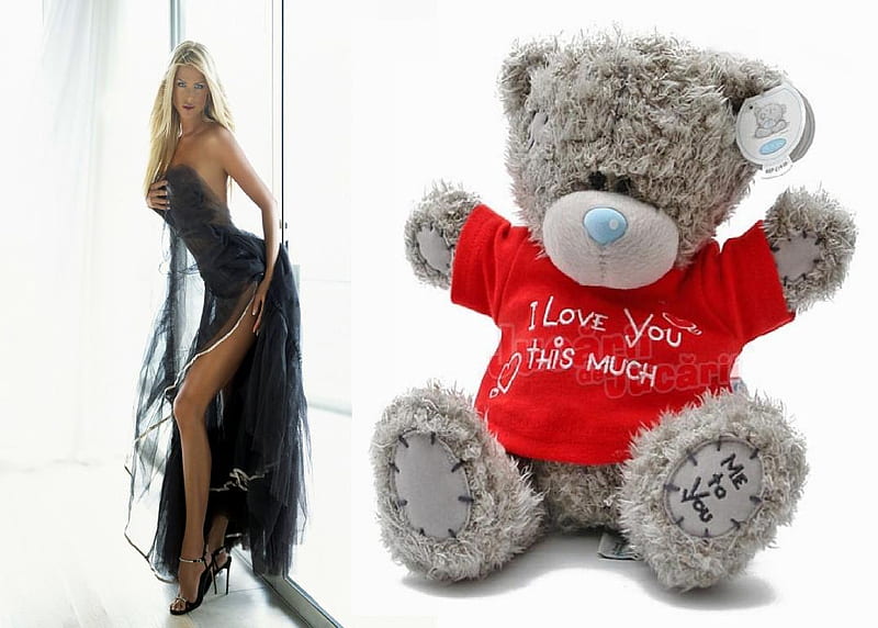 I love you, red, dress, bear, blonde, bonito, woman, sexy, hugs, hot, HD wallpaper
