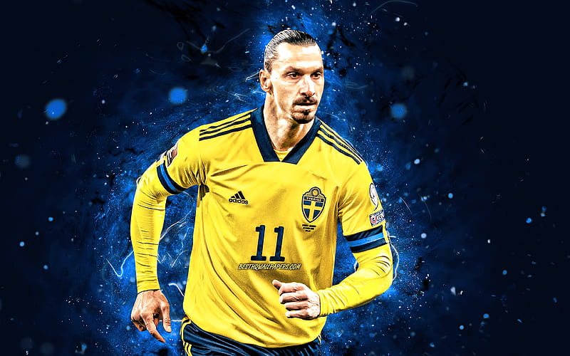 Zlatan Ibrahimovic, Sweden National Team, soccer, footballers, blue neon lights, Swedish football team, Zlatan Ibrahimovic, HD wallpaper