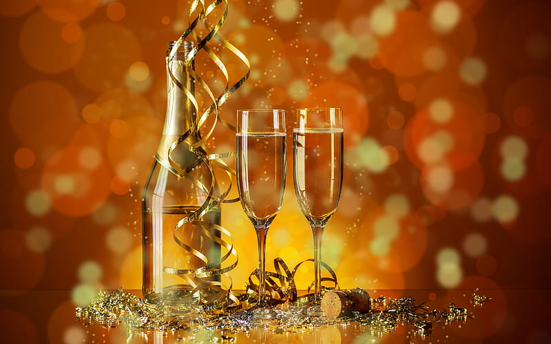 Champagne, glasses, New Year, holiday, golden ribbons, HD wallpaper