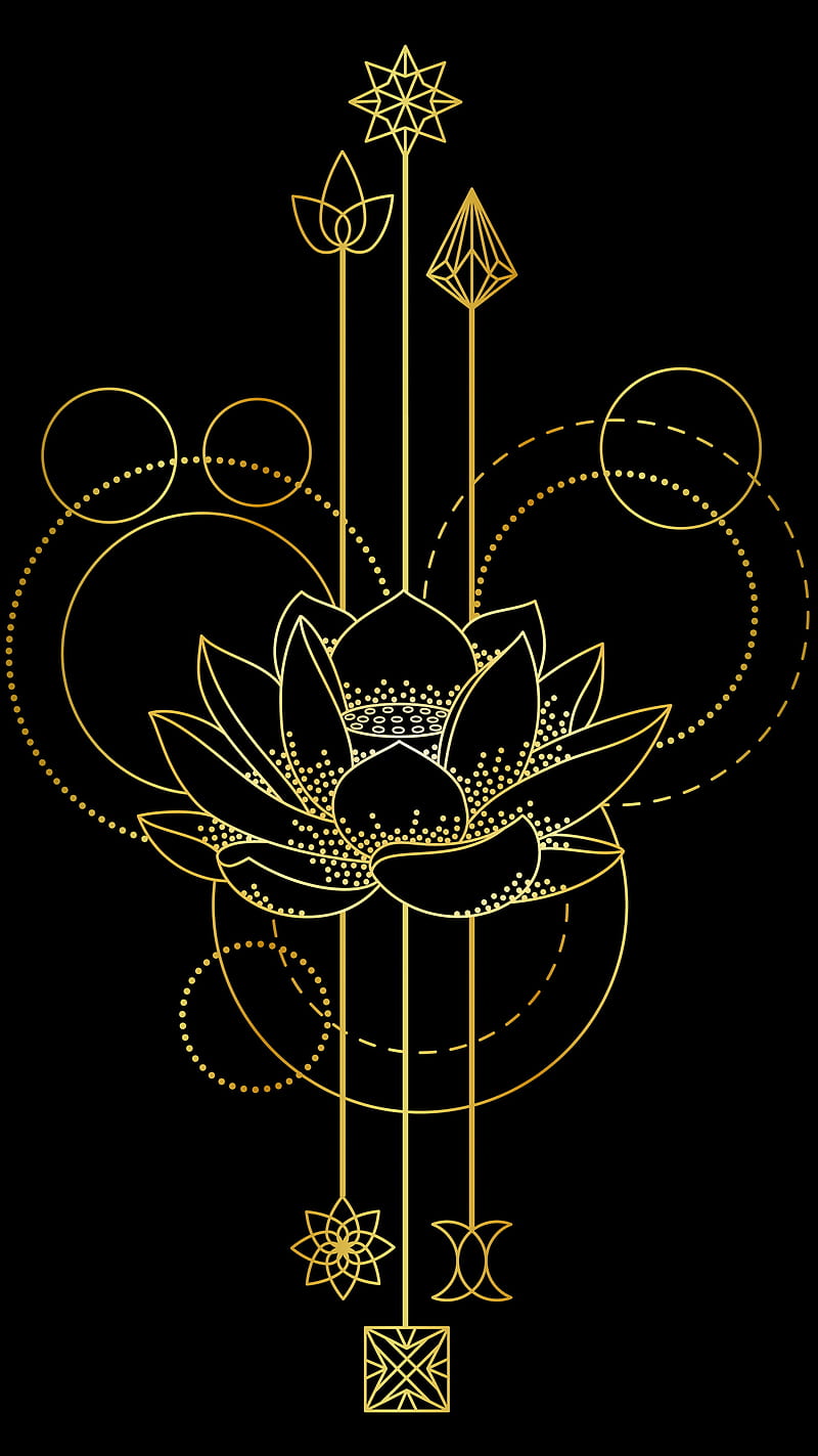 Golden Lotus, abstract, black, flower, gold, phone, sign, spiritual, HD phone wallpaper