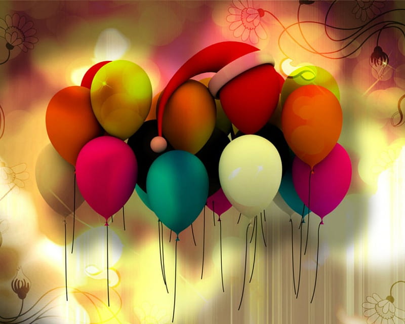 Christmas balloons, Christmas, colorful, art, balloons, strings, hat, HD  wallpaper