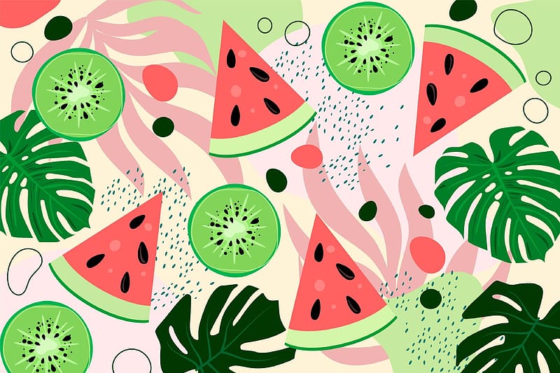 Pattern, leaf, watermelon, exotic, kiwi, summer, red, green, texture, fruit, vara, HD wallpaper