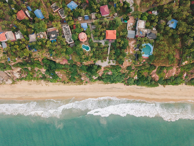 beach, coast, aerial view, buildings, palm trees, HD wallpaper