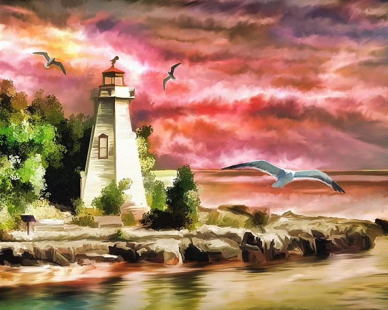 Lighthouse, shore, scenic, ocean, digital painting, sunset, seagulls, artwork, seaside, seascape, coastline, landscape, coast, HD wallpaper