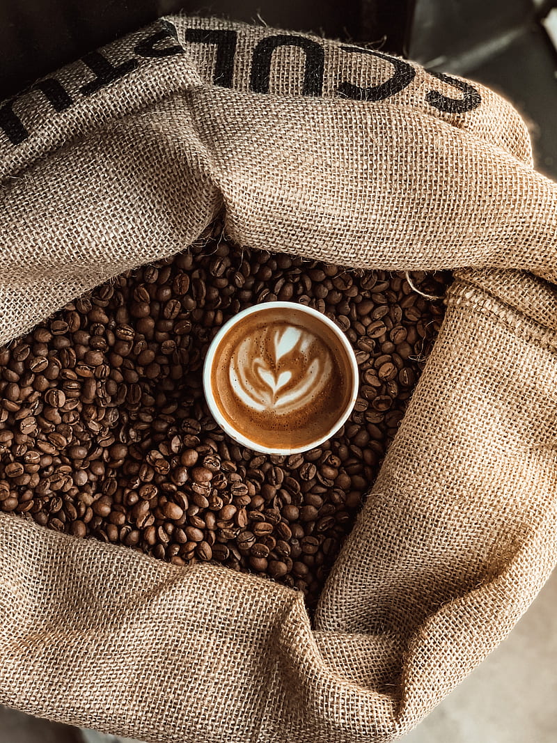 cup, coffee, coffee beans, bag, HD phone wallpaper