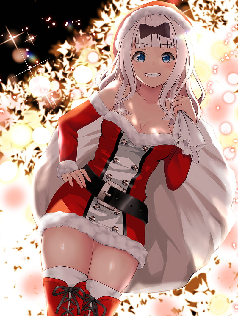 anime girls, Santa costume, white hair, Kaguya-Sama: Love is War, Chika Fujiwara, Gibun, zettai ryouiki, Santa girl, bare shoulders, cleavage, blue eyes, grin, Christmas, HD phone wallpaper