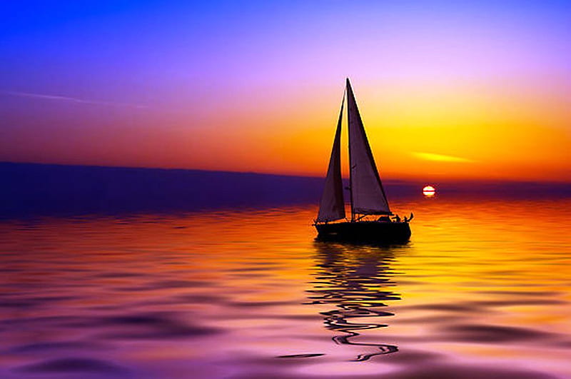 SAILBOAT AGANIST A BEAUTIFUL SUNSET, sun, boat, ocean, sunset, sail, HD wallpaper