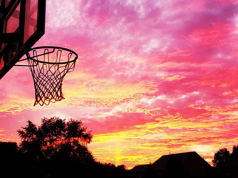 Sunsetbasketballhoop, ball, basket, basketball, basketball hoop, basketball net, basketball swish, nba, outdoor, outside, sunset, HD wallpaper