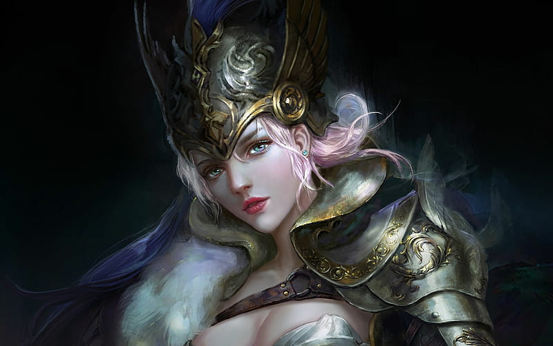 Warrior girl, art, armor, fantasy, frumusete, huisu, warrior, girl, hui su, luminos, HD wallpaper