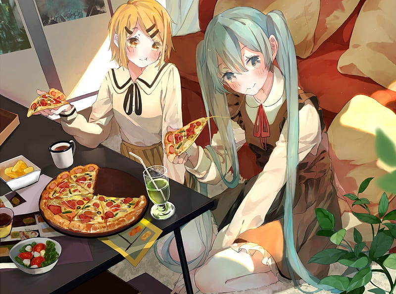 Pizza Night, vocaloid, hatsune miku, anime, pizza, rin kagamine, friends,  HD wallpaper | Peakpx