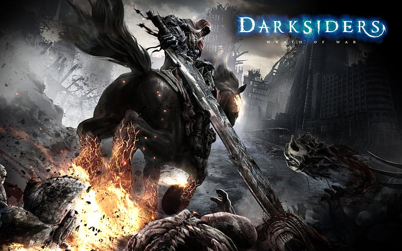 DarkSiders, videogame, action, game, horse, horror, adventure, fire, warrior, rider, pc, HD wallpaper
