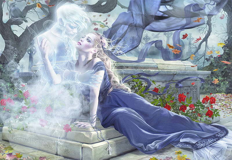 Stay with me, my love, fantasy, ghost, girl, rose, luminos, flower, cris ortega, blue, couple, HD wallpaper