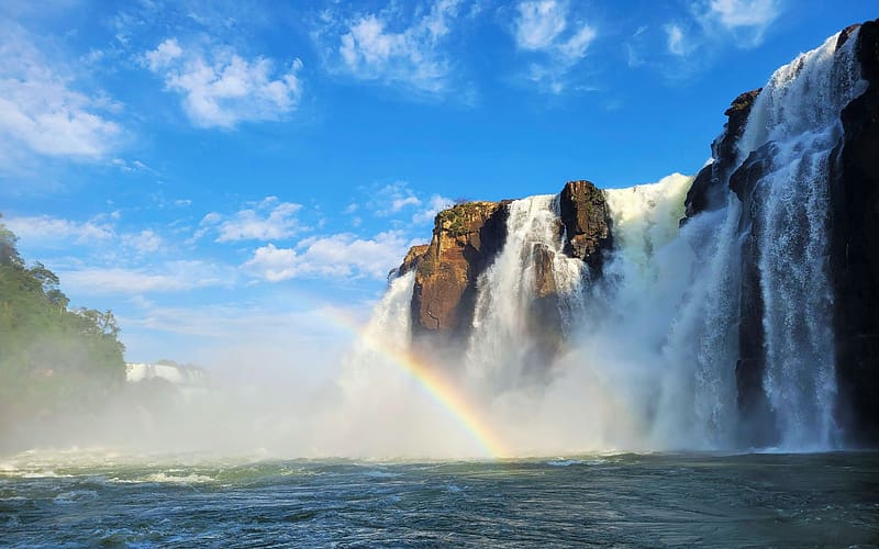 Iguazu Falls, Misiones, Argentina, water, rocks, cliffs, river, clouds, sky, HD wallpaper