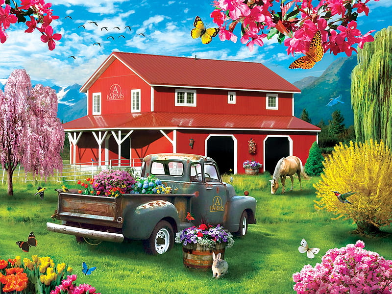 A Farm's Alive, farmhouse, rabbit, car, digital, flowers, butterflies, horse, artwork, HD wallpaper