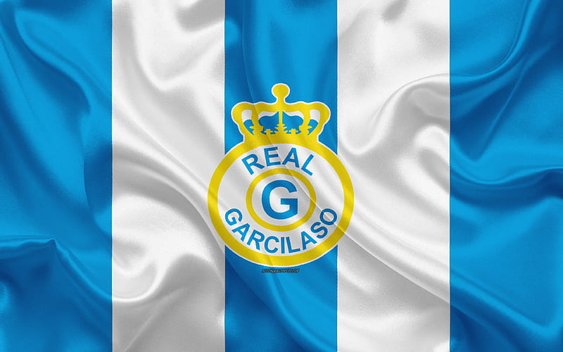 Real Garcilaso FC logo, silk texture, Peruvian football club, blue white flag, Peruvian Primera Division, Cusco, Peru, football Asociacion Civil Real Atletico Garcilaso, HD wallpaper