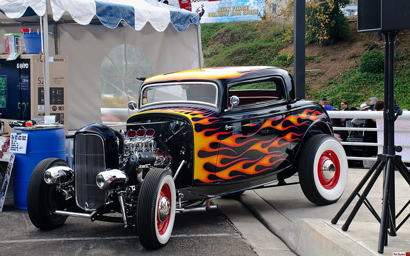 a hot rod, carros, hot rod, flames, older car, HD wallpaper