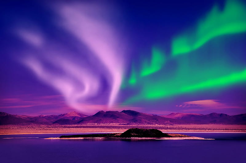 Northern lights, Alaska, north, colorful, amazing, Alaska, aurora, borealis, bonito, sky, lights, sea, awesome, evening, island, night, HD wallpaper
