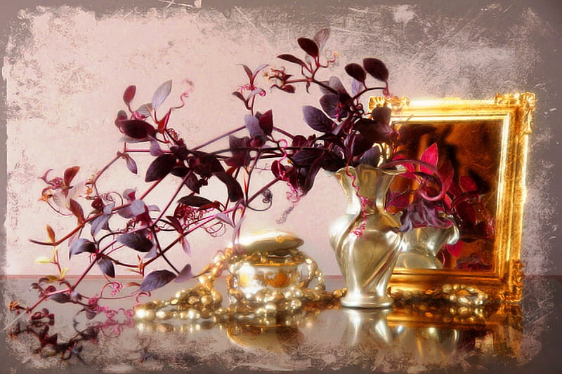 vase, box, elegant, still life, leaves, gold, flowers, beauty, pearls, mirror, pink, vintage, golden, soft, abstract, jewelry, necklaces, purple, branches, HD wallpaper