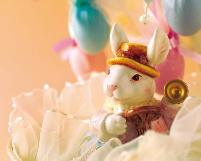 Happy Easter!, rabbit, deco, easter, hat, cute, bunny, white, pink, figurine, HD wallpaper