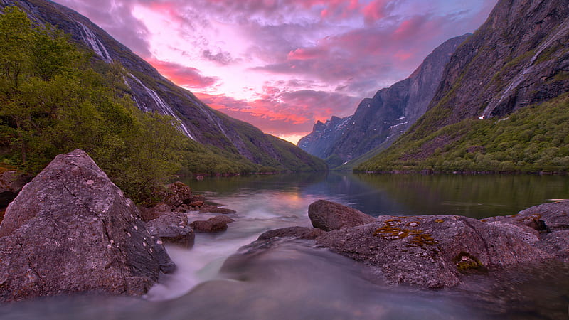 Norway Stone Lake Mountain During Sunset Nature, HD wallpaper