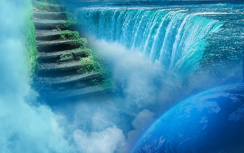 Between heaven & earth, water, green, heaven, stairs, earth, falls, HD wallpaper