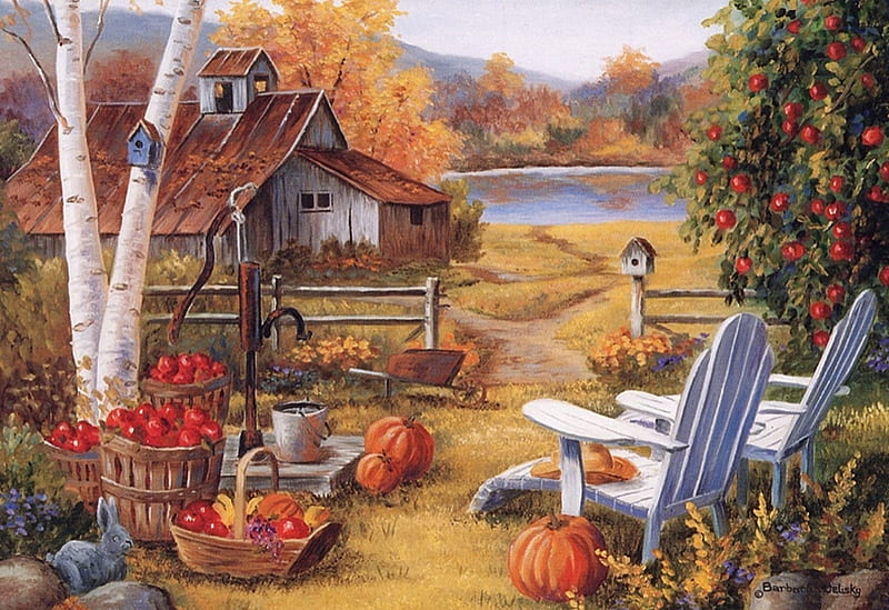 beautiful autumn, art, autumn, paintings, beauty, nature, pumpkins, HD wallpaper