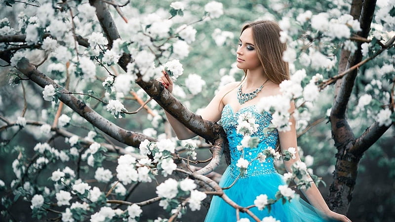 Beauty, dress, blossom, model, girl, flower, spring, woman, blue, HD wallpaper