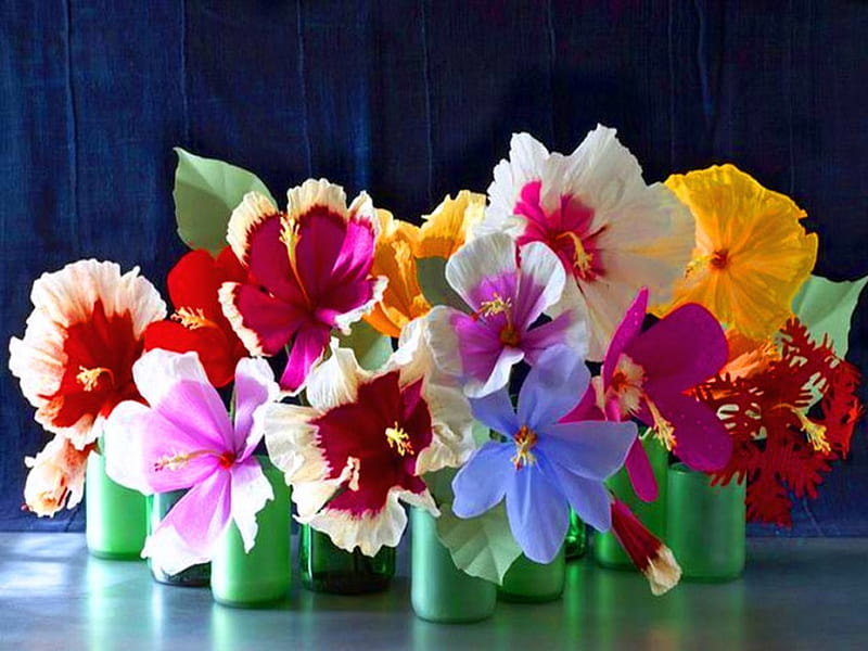 Pansy parade, pansies, flowers, yellow, colors, pink, blue, HD wallpaper